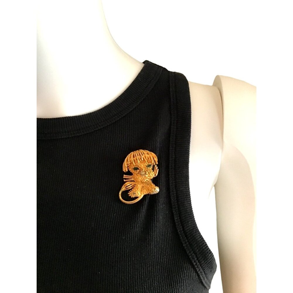Vintage Lea Stein Gold Tone Lion Brooch Pin With Green Rhinestone Eyes